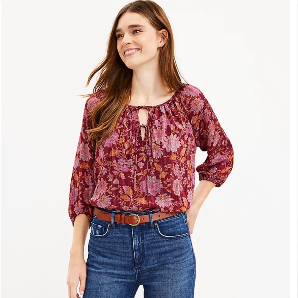 Flowy floral tie neck blouse from LOFT in vintage Bordeaux